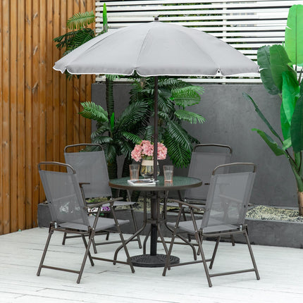 6 Piece Patio Dining Set with 4 Folding Chairs, Round Tempered Glass Table & Umbrella - Grey