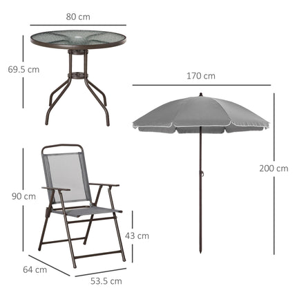 6 Piece Patio Dining Set with 4 Folding Chairs, Round Tempered Glass Table & Umbrella - Grey
