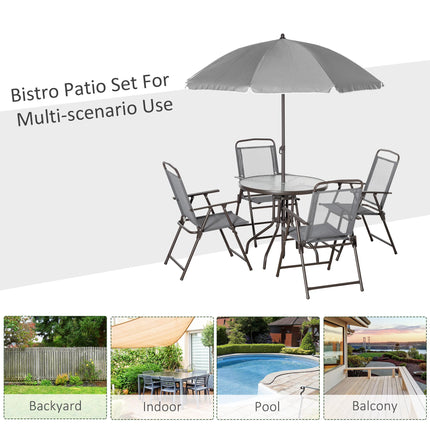 6 Piece Patio Dining Set with 4 Folding Chairs, Round Tempered Glass Table & Umbrella - Grey