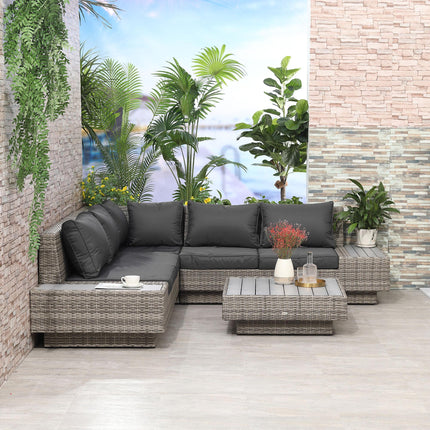 5-Seater Rattan Outdoor Sectional Corner Sofa and Coffee Table Set with Cushions - Light Grey