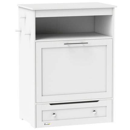 Pet Feeder Station Storage Cabinet with Raised Bowls & Hanger for Feeding Supplies - White