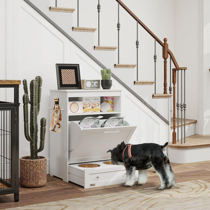 Pet Feeder Station Storage Cabinet with Raised Bowls & Hanger for Feeding Supplies - White