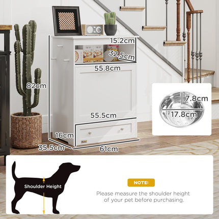 Pet Feeder Station Storage Cabinet with Raised Bowls & Hanger for Feeding Supplies - White