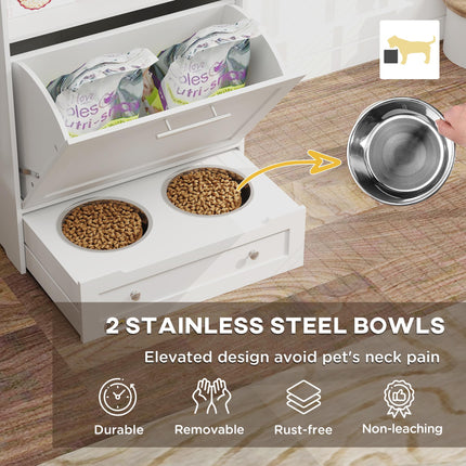 Pet Feeder Station Storage Cabinet with Raised Bowls & Hanger for Feeding Supplies - White