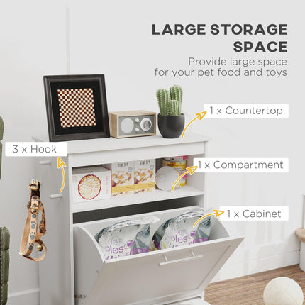 Pet Feeder Station Storage Cabinet with Raised Bowls & Hanger for Feeding Supplies - White