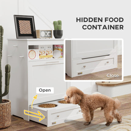 Pet Feeder Station Storage Cabinet with Raised Bowls & Hanger for Feeding Supplies - White