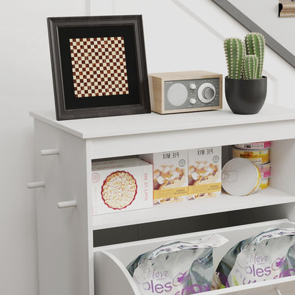 Pet Feeder Station Storage Cabinet with Raised Bowls & Hanger for Feeding Supplies - White