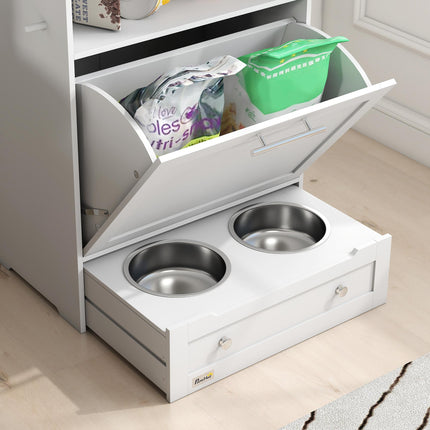 Pet Feeder Station Storage Cabinet with Raised Bowls & Hanger for Feeding Supplies - White