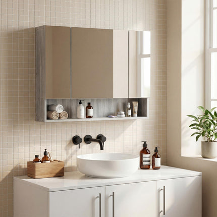 Wall Mounted Bathroom Mirror Cabinet with Adjustable Shelves - Grey