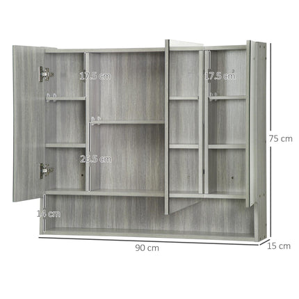 Wall Mounted Bathroom Mirror Cabinet with Adjustable Shelves - Grey