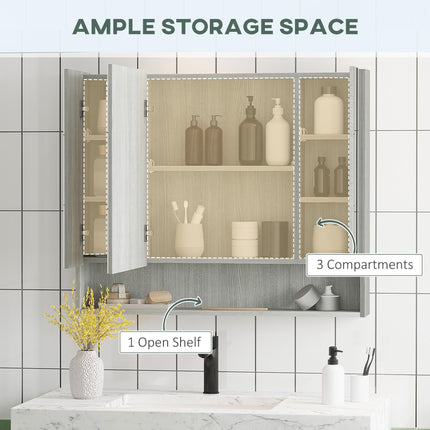Wall Mounted Bathroom Mirror Cabinet with Adjustable Shelves - Grey