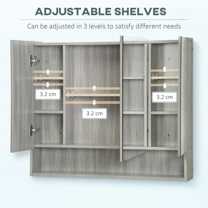 Wall Mounted Bathroom Mirror Cabinet with Adjustable Shelves - Grey