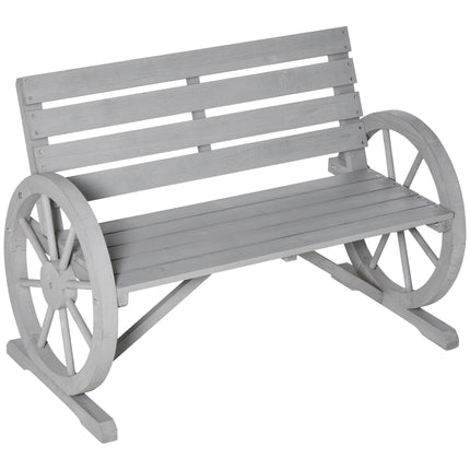 2 Seater Outdoor Garden Bench with Wagon Wheel Armrests and High Back - Grey