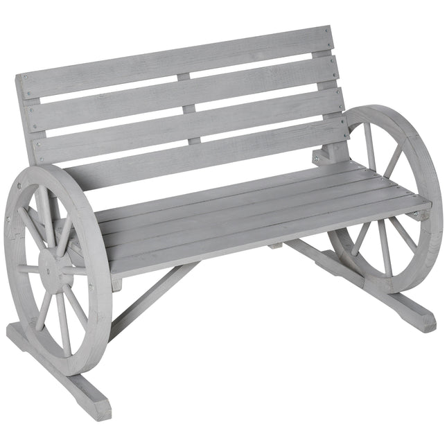 2 Seater Outdoor Garden Bench with Wagon Wheel Armrests and High Back - Grey