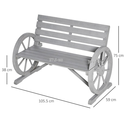 2 Seater Outdoor Garden Bench with Wagon Wheel Armrests and High Back - Grey