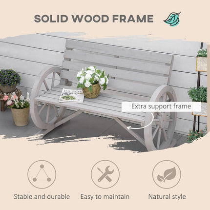 2 Seater Outdoor Garden Bench with Wagon Wheel Armrests and High Back - Grey