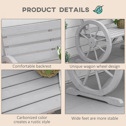 2 Seater Outdoor Garden Bench with Wagon Wheel Armrests and High Back - Grey