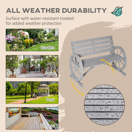 2 Seater Outdoor Garden Bench with Wagon Wheel Armrests and High Back - Grey