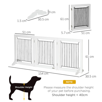 Freestanding Foldable Dog Gate 3-Panel 61cm High with Support Feet - White