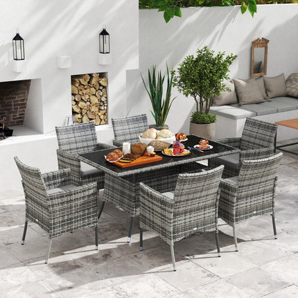 6-Seater Rattan Garden Dining Set with Rectangular Table and Cube Chairs - Grey
