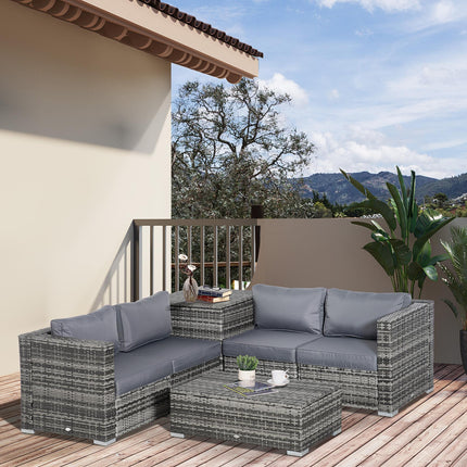6PC 4-Seater Rattan Corner Sofa Set with Storage Coffee Table & Cushions - Grey
