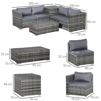 6PC 4-Seater Rattan Corner Sofa Set with Storage Coffee Table & Cushions - Grey