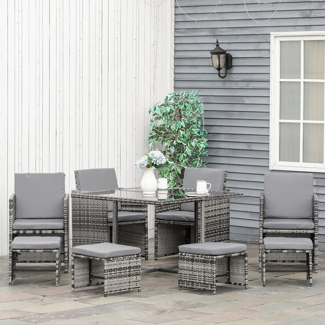 9PC Rattan Outdoor Patio Dining Table Set 8 Seater with Stools - Mixed Grey