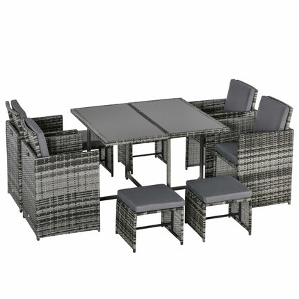 9PC Rattan Outdoor Patio Dining Table Set 8 Seater with Stools - Mixed Grey