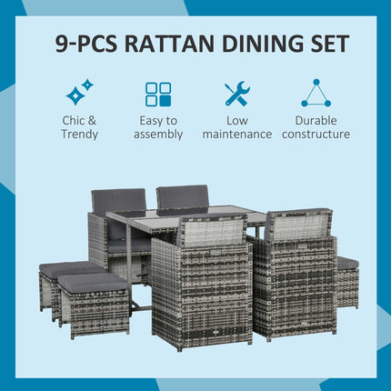 9PC Rattan Outdoor Patio Dining Table Set 8 Seater with Stools - Mixed Grey
