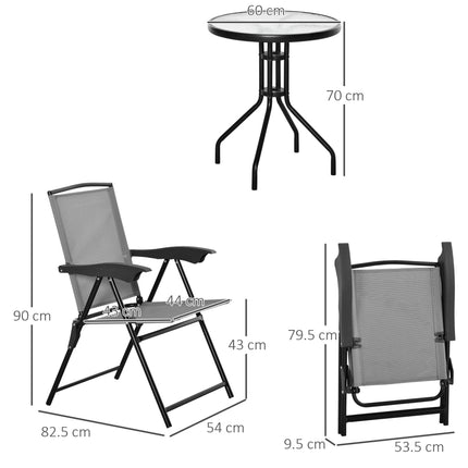 3 Piece Adjustable Patio Bistro Set with Steel Frame and Tempered Glass Table - Grey