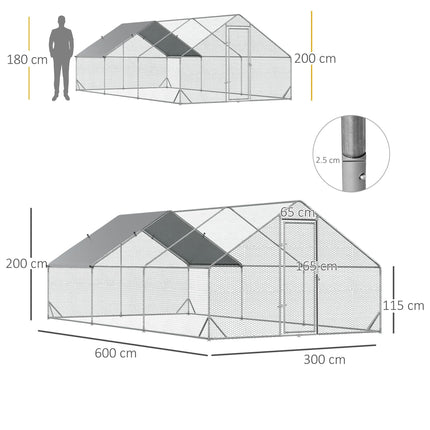Galvanised Walk-In Chicken Run with Cover 6x3x2m - Silver