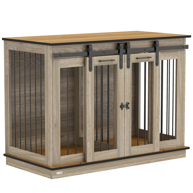 Double Dog Crate Furniture for Large and Small Dogs - Oak Tone