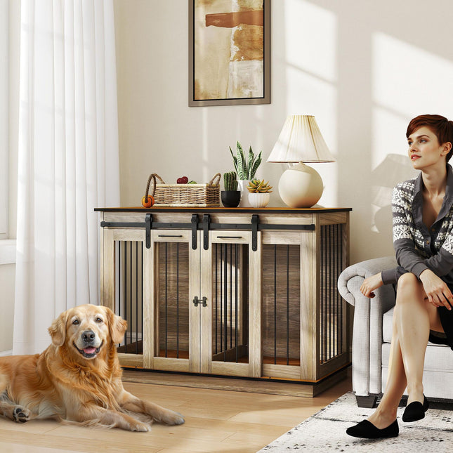 Double Dog Crate Furniture for Large and Small Dogs - Oak Tone