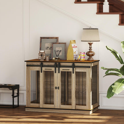 Double Dog Crate Furniture for Large and Small Dogs - Oak Tone