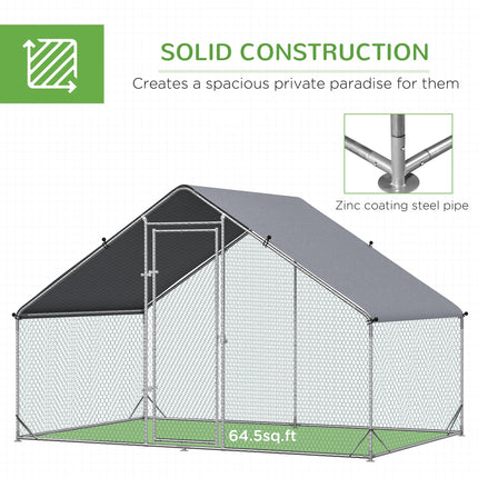 Walk-In Galvanized Chicken Run 3x2x2m with Water-Resist Cover - Silver