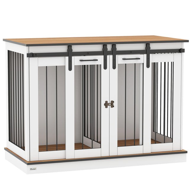 Double Dog Crate Furniture for Large and Small Dogs - White & Golden Oak