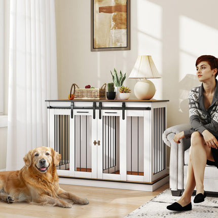 Double Dog Crate Furniture for Large and Small Dogs - White & Golden Oak