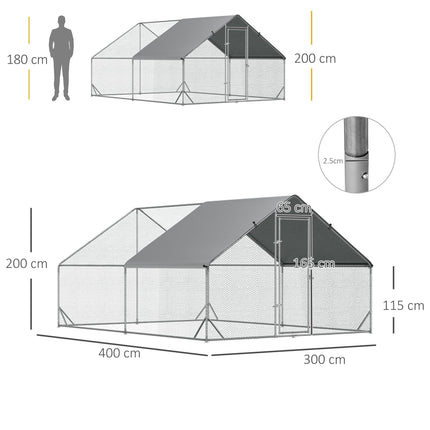 Large Walk-In Chicken Coop Run Cage 3x4x2m with Water-Resist Cover - Silver