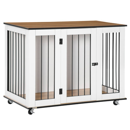 Dog Cage End Table for Large Dogs with Front Door Latch and Five Wheels - White