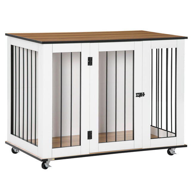 Dog Cage End Table for Large Dogs with Front Door Latch and Five Wheels - White