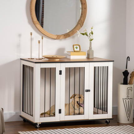 Dog Cage End Table for Large Dogs with Front Door Latch and Five Wheels - White