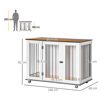 Dog Cage End Table for Large Dogs with Front Door Latch and Five Wheels - White