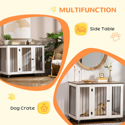 Dog Cage End Table for Large Dogs with Front Door Latch and Five Wheels - White