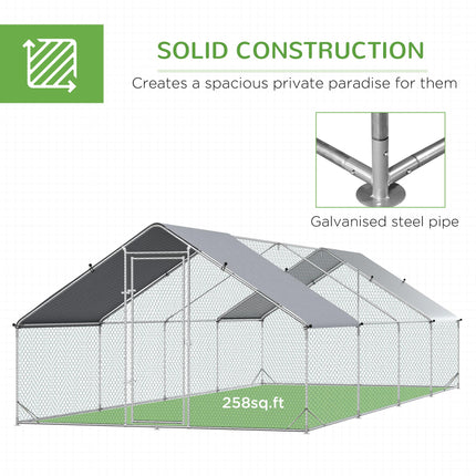 Chicken Run Galvanised Walk-in Chicken Coop Hen Poultry House Cage Rabbit Hutch with Water-Resist Cover, 3 x 8 x 2m