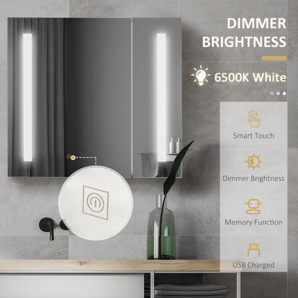 Illuminated Bathroom Mirror Cabinet with Adjustable Shelf & USB Charging - White