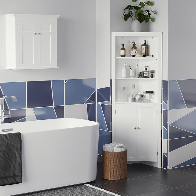 Triangle Corner Bathroom Cabinet with Cupboard and 3-Tier Shelves - White