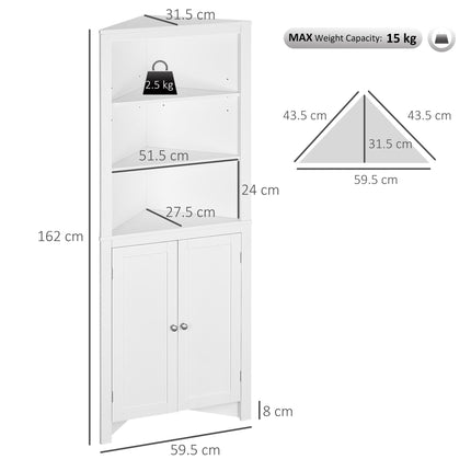 Triangle Corner Bathroom Cabinet with Cupboard and 3-Tier Shelves - White