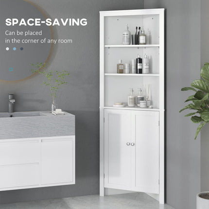 Triangle Corner Bathroom Cabinet with Cupboard and 3-Tier Shelves - White