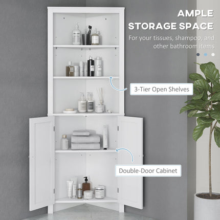 Triangle Corner Bathroom Cabinet with Cupboard and 3-Tier Shelves - White
