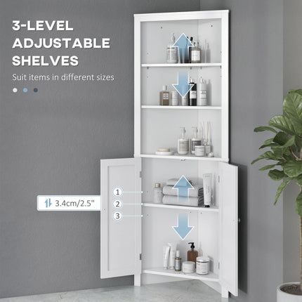 Triangle Corner Bathroom Cabinet with Cupboard and 3-Tier Shelves - White